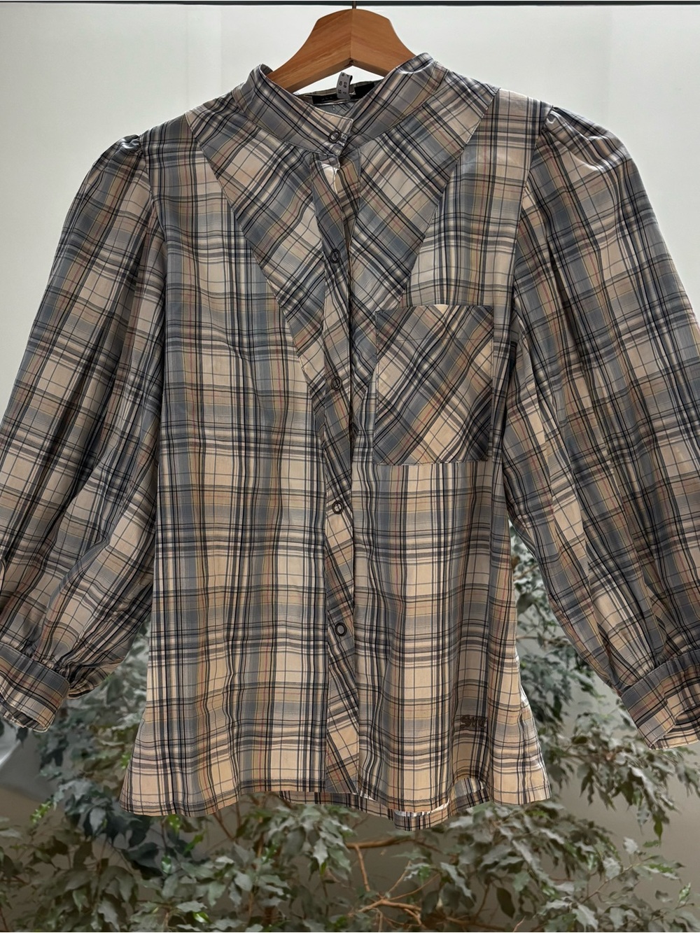 See By Chloe Plaid Button-Down Blouse in Beige and Blue